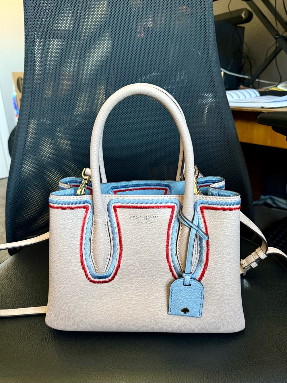 Kate Spade Eva Small Satchel Warm Beige Blue Red Embroidered Leather Bag purse - Picture 2 of 9